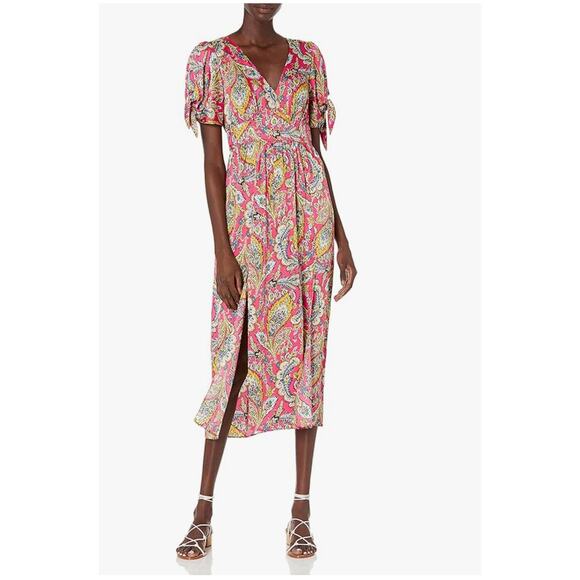 Cinq a Sept India Tie Cuff Dress 12 Pink Primrose Paisley V Neck Midi Maxi - Picture 1 of 8